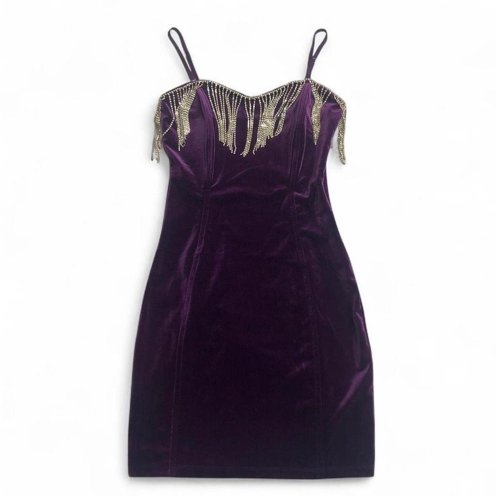 Purple Velvet Rhinestone Mini Dress - Picture 4 of 7